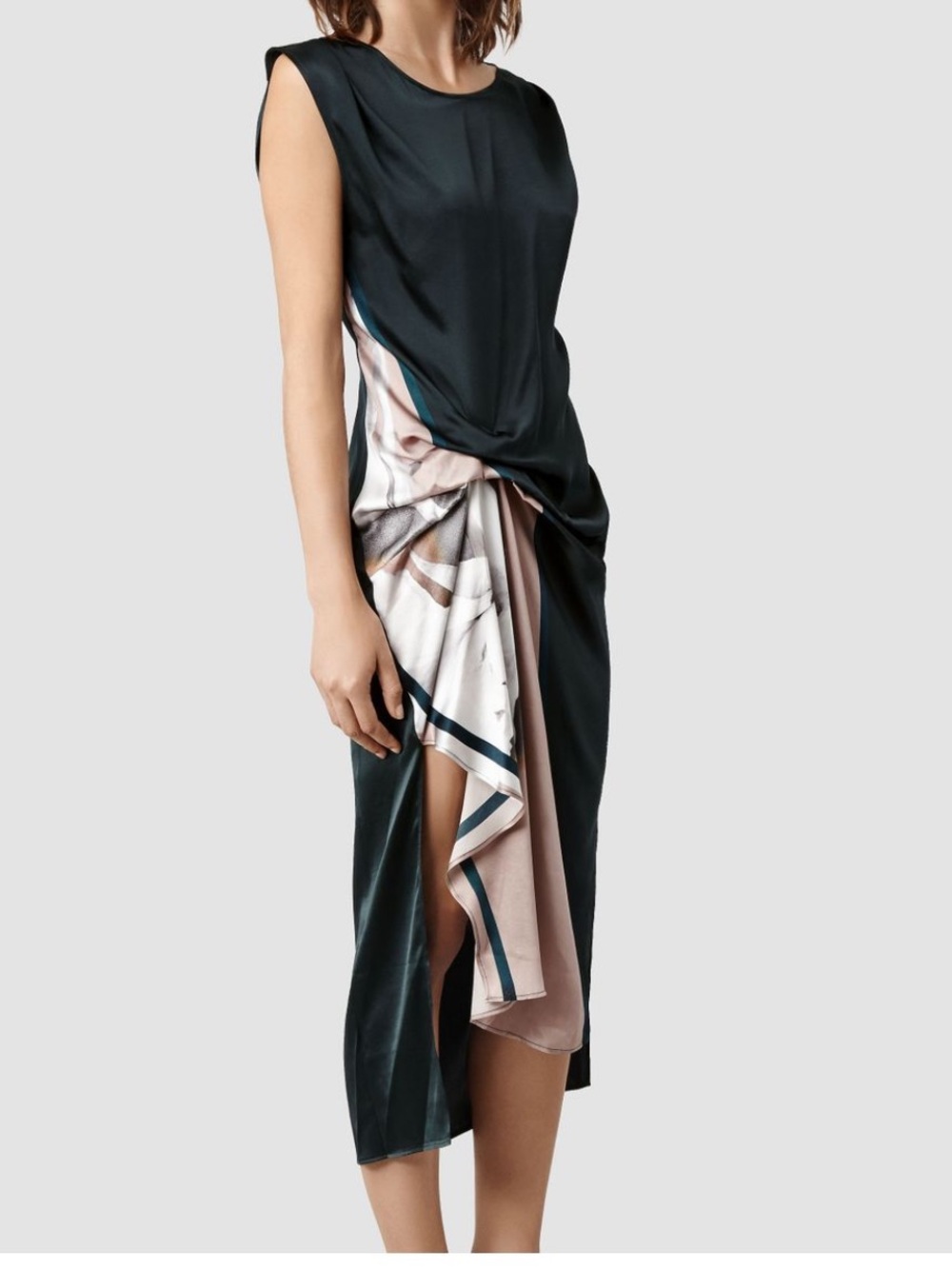 All Saints woman’s 100 % silk Sleeveless Midi Dress with Pink Draped Detail - Picture 2 of 11